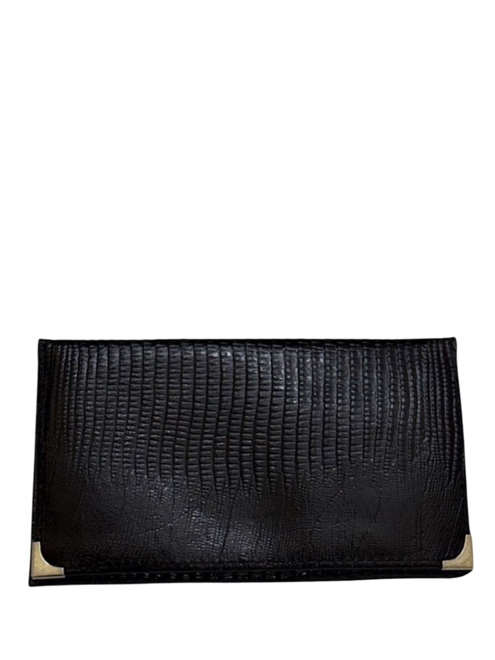 LIZARD - BLACK EMBOSSED LIZARD SKIN LEATHER LONG BIFOLD WALLET WITH GOLD EDGES